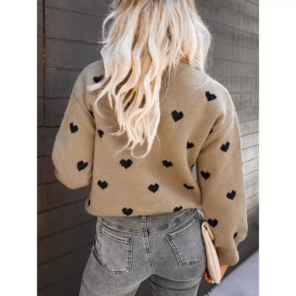imageCUPSHE Womens Pullover Sweaters Long Sleeve Mock Neck Ribbed Knit Jumper Tops Warm Heart PrintBrown