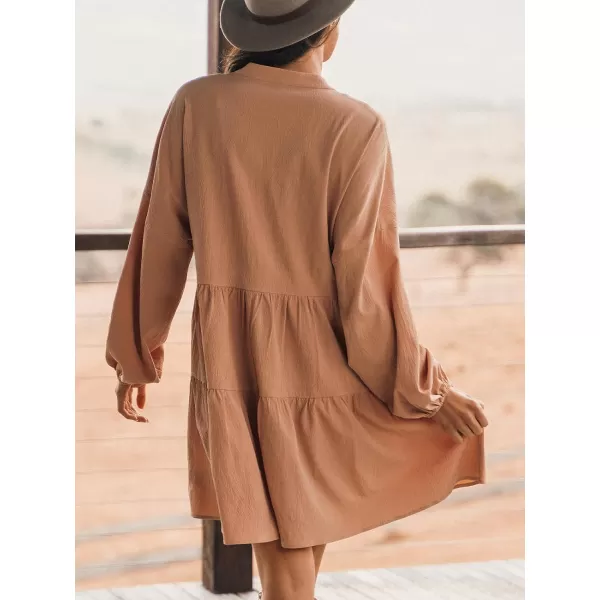 imageCUPSHE Womens Pumpkin Tie Neck Flounce Mini Dress Long Sleeves Dresses Short Dressing CasualBrown