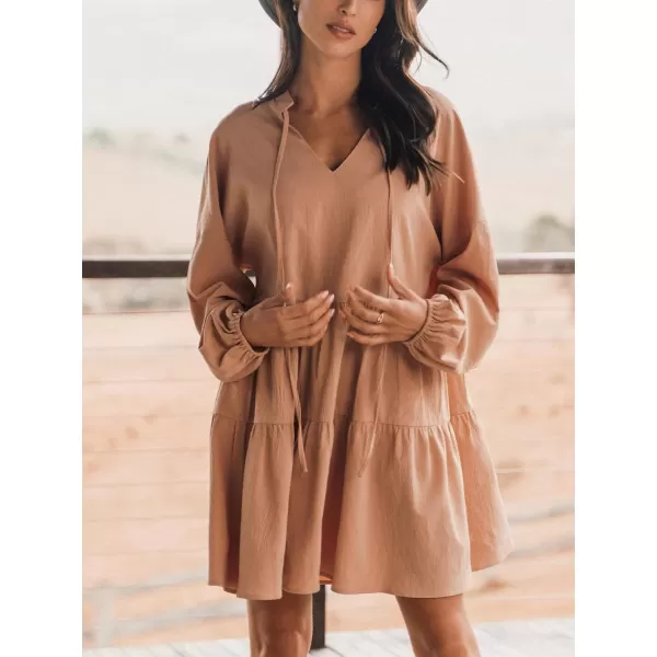 imageCUPSHE Womens Pumpkin Tie Neck Flounce Mini Dress Long Sleeves Dresses Short Dressing CasualBrown