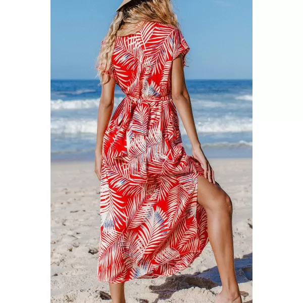 imageCUPSHE Womens Red Leaf Print Tie Short Sleeves Wrap V Neck DressRed