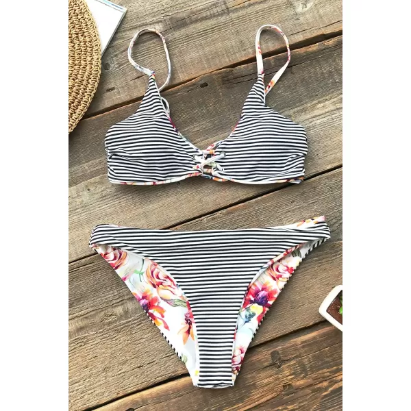 imageCUPSHE Womens Reversible Lace Up Bikini Sets Floral and StripedFloral Striped