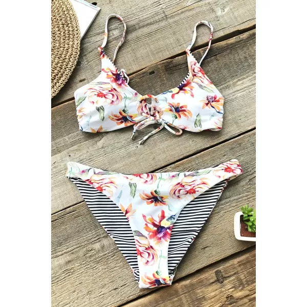 imageCUPSHE Womens Reversible Lace Up Bikini Sets Floral and StripedFloral Striped