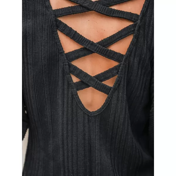 imageCUPSHE Womens Rib Crisscross Cutout Mini Dress Long Sleeves Dresses Backless Dressing CasualBlack