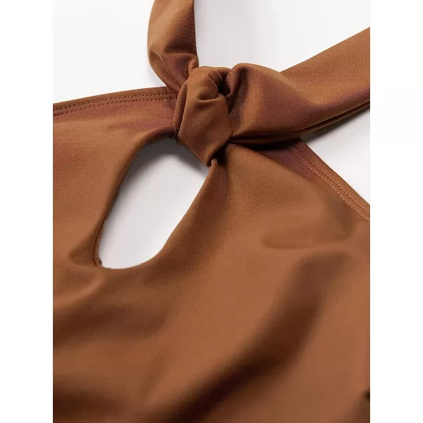 imageCUPSHE Womens Rib Halter Cheeky Coverage Middle Cut BodysuitBrown