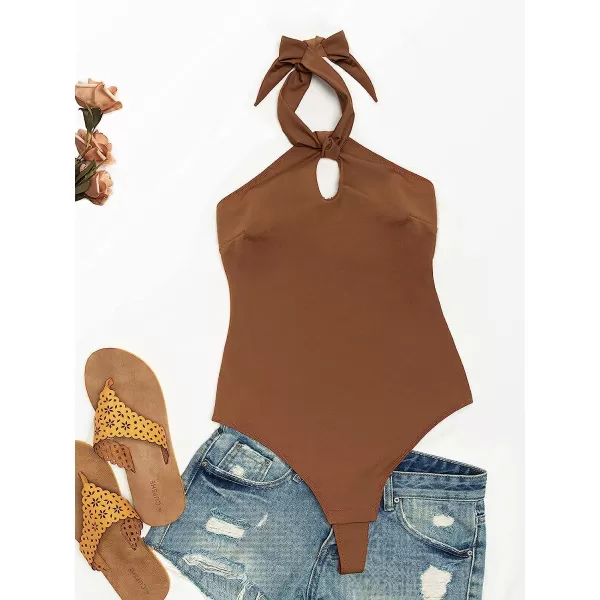 imageCUPSHE Womens Rib Halter Cheeky Coverage Middle Cut BodysuitBrown