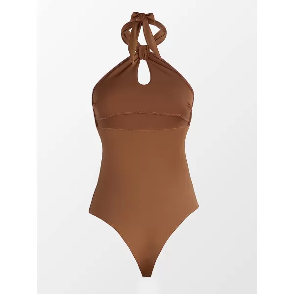 imageCUPSHE Womens Rib Halter Cheeky Coverage Middle Cut BodysuitBrown