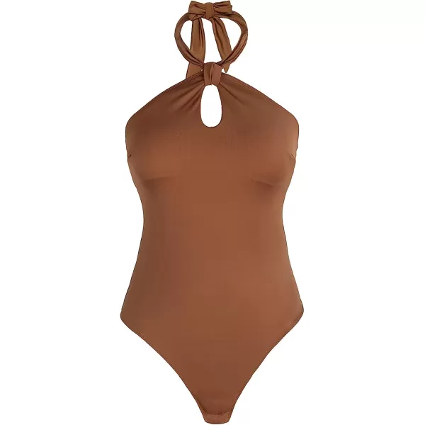 imageCUPSHE Womens Rib Halter Cheeky Coverage Middle Cut BodysuitBrown