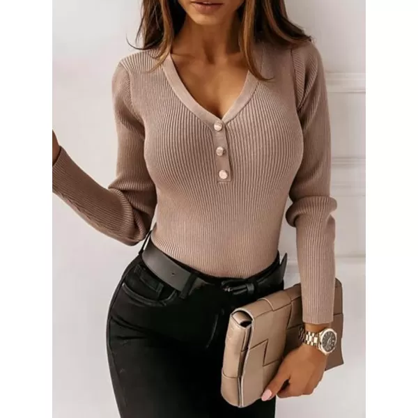 imageCUPSHE Womens Ribbed VNeck Buttoned Sweater Winter Casual Slim Fitt Bottoming TopsKhaki