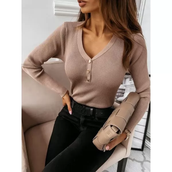 imageCUPSHE Womens Ribbed VNeck Buttoned Sweater Winter Casual Slim Fitt Bottoming TopsKhaki