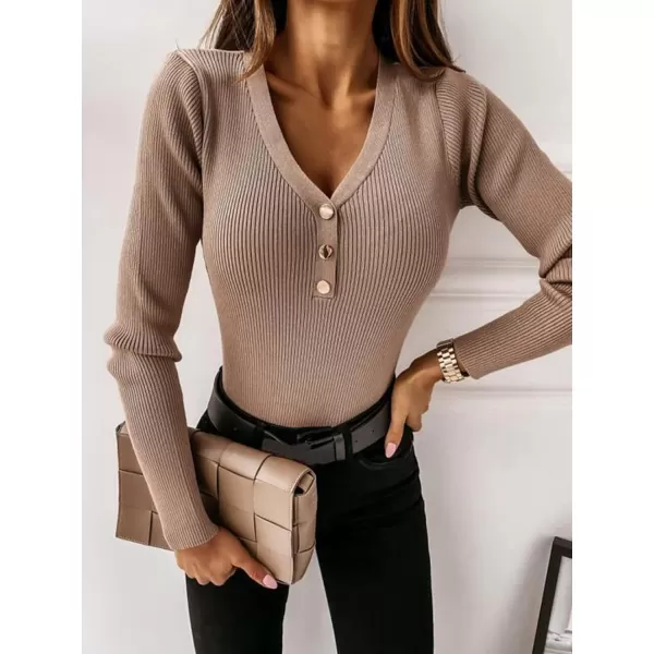 imageCUPSHE Womens Ribbed VNeck Buttoned Sweater Winter Casual Slim Fitt Bottoming TopsKhaki
