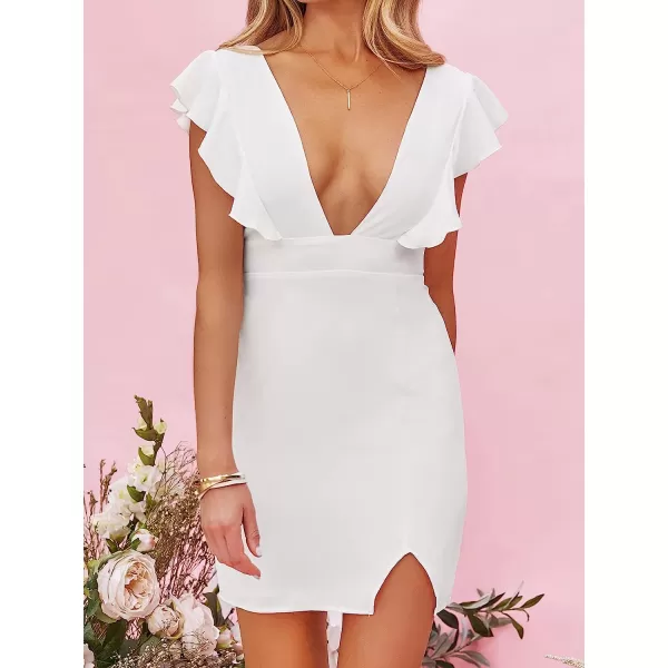 imageCUPSHE Womens Romance Plunge Ruffled Mini Dress Deep VNeck Dress Cap Sleeves Wedding Dresses Casual SummerWhite