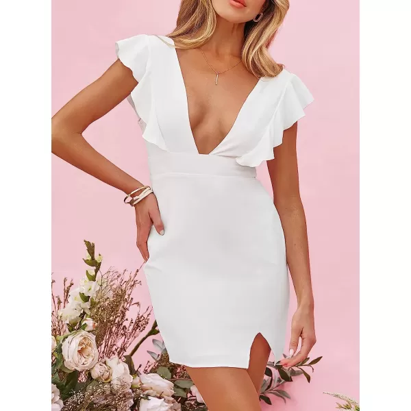 imageCUPSHE Womens Romance Plunge Ruffled Mini Dress Deep VNeck Dress Cap Sleeves Wedding Dresses Casual SummerWhite