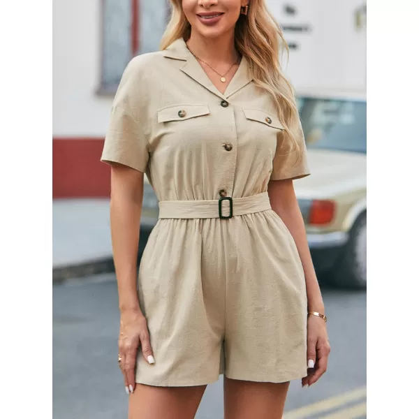 imageCUPSHE Womens Romper Belted Collared Wide Leg Jumpsuits Short Sleeve Overall Button Front Outfits CasualBrown