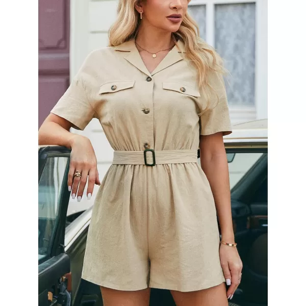 imageCUPSHE Womens Romper Belted Collared Wide Leg Jumpsuits Short Sleeve Overall Button Front Outfits CasualBrown