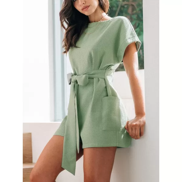imageCUPSHE Womens Romper Boat Neck Short Sleeves Belted Overall Straight Leg Outfit with Pockets Casual DressyGreen