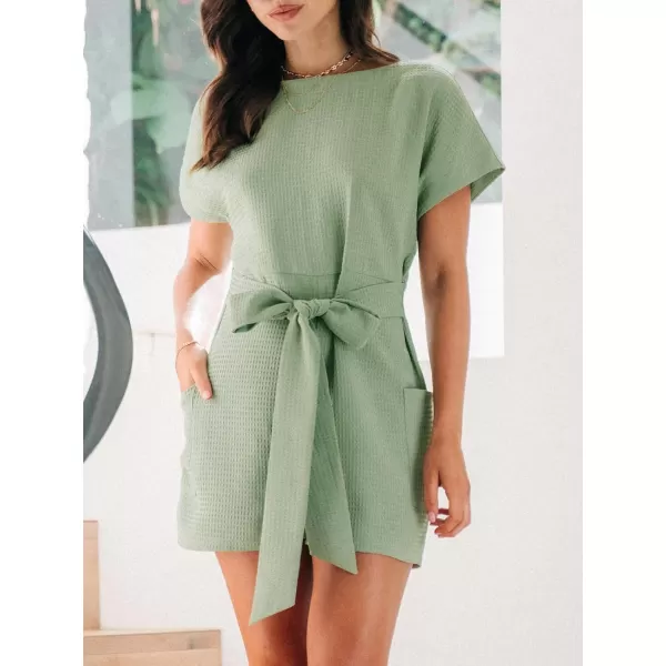 imageCUPSHE Womens Romper Boat Neck Short Sleeves Belted Overall Straight Leg Outfit with Pockets Casual DressyGreen