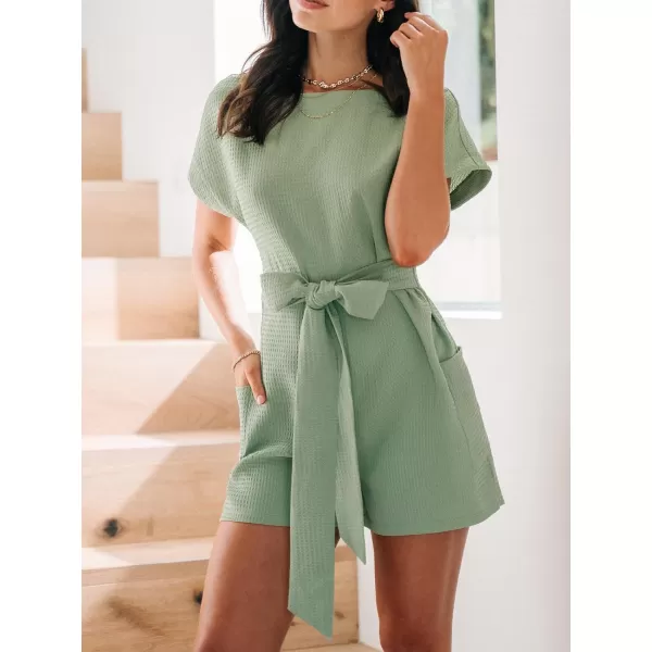 imageCUPSHE Womens Romper Boat Neck Short Sleeves Belted Overall Straight Leg Outfit with Pockets Casual DressyGreen