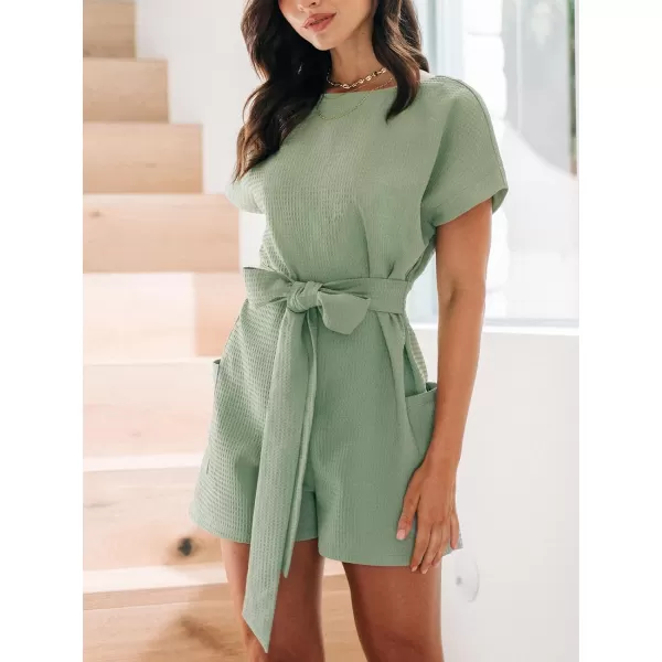 imageCUPSHE Womens Romper Boat Neck Short Sleeves Belted Overall Straight Leg Outfit with Pockets Casual DressyGreen