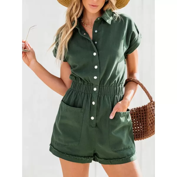 imageCUPSHE Womens Romper Collared Neck Smocked Waist Loose Fit Straight Leg Overall Short Sleeve Outfit CasualGreen