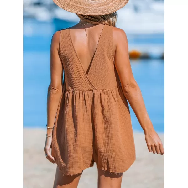 imageCUPSHE Womens Romper Embroidered VNeckline Sleeveless Wide leg Overall Outfit Casual BeachBrown