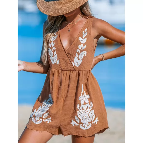 imageCUPSHE Womens Romper Embroidered VNeckline Sleeveless Wide leg Overall Outfit Casual BeachBrown