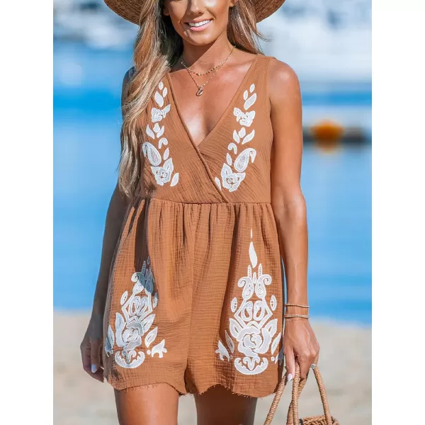 imageCUPSHE Womens Romper Embroidered VNeckline Sleeveless Wide leg Overall Outfit Casual BeachBrown