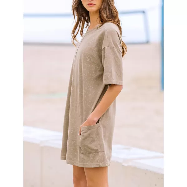 imageCUPSHE Womens Romper Round Neck Loose Fit Jumpsuits Short Sleeves Overall Wide Leg Outfit with Pockets Casual DressyBrown