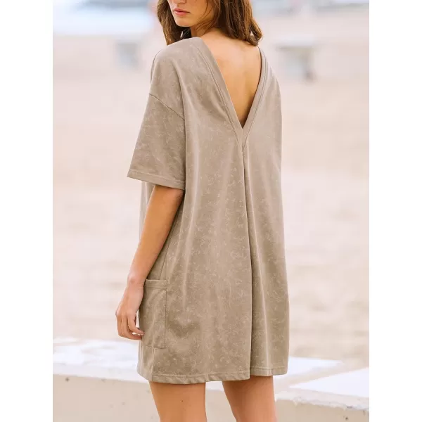 imageCUPSHE Womens Romper Round Neck Loose Fit Jumpsuits Short Sleeves Overall Wide Leg Outfit with Pockets Casual DressyBrown