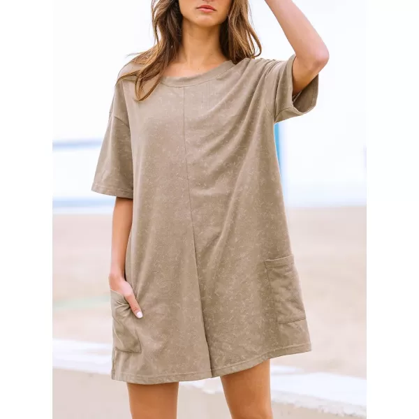 imageCUPSHE Womens Romper Round Neck Loose Fit Jumpsuits Short Sleeves Overall Wide Leg Outfit with Pockets Casual DressyBrown