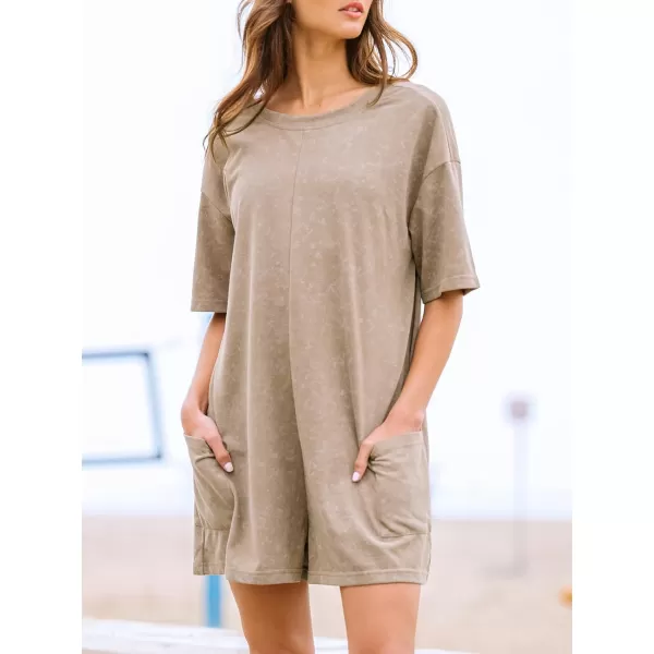 imageCUPSHE Womens Romper Round Neck Loose Fit Jumpsuits Short Sleeves Overall Wide Leg Outfit with Pockets Casual DressyBrown