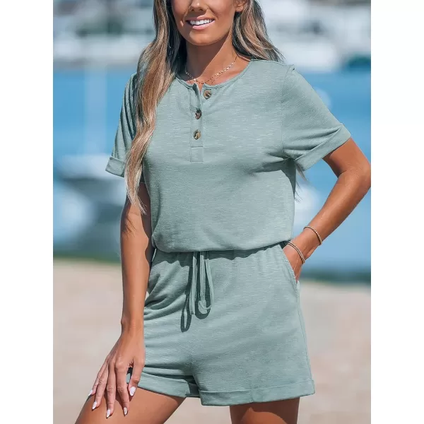 imageCUPSHE Womens Romper Round Neck Short Sleeve Jumpsuits Button Front Overall Pockets Outfit CasualBlue