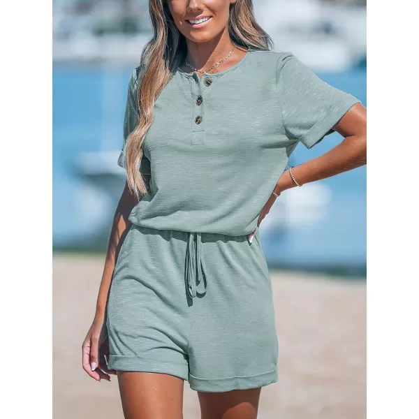 imageCUPSHE Womens Romper Round Neck Short Sleeve Jumpsuits Button Front Overall Pockets Outfit CasualBlue