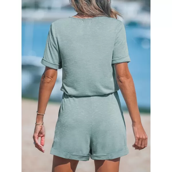 imageCUPSHE Womens Romper Round Neck Short Sleeve Jumpsuits Button Front Overall Pockets Outfit CasualBlue