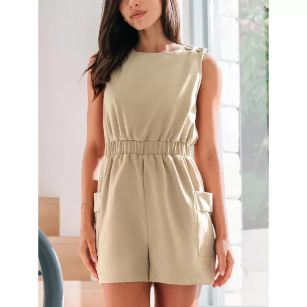 imageCUPSHE Womens Romper Round Neck Wide Leg Jumpsuits Button Overall Sleeveless Casual DressyBeige