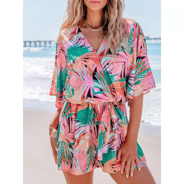 imageCUPSHE Womens Romper Short Sleeves Belted Jumpsuits V Neck Wide Leg Overall Outfit CasualPink