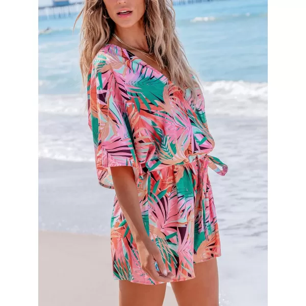 imageCUPSHE Womens Romper Short Sleeves Belted Jumpsuits V Neck Wide Leg Overall Outfit CasualPink