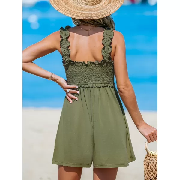 imageCUPSHE Womens Romper Square Neck Ruffled Jumpsuits Smocked Bodice Overall Sleeveless Outfit CasualGreen