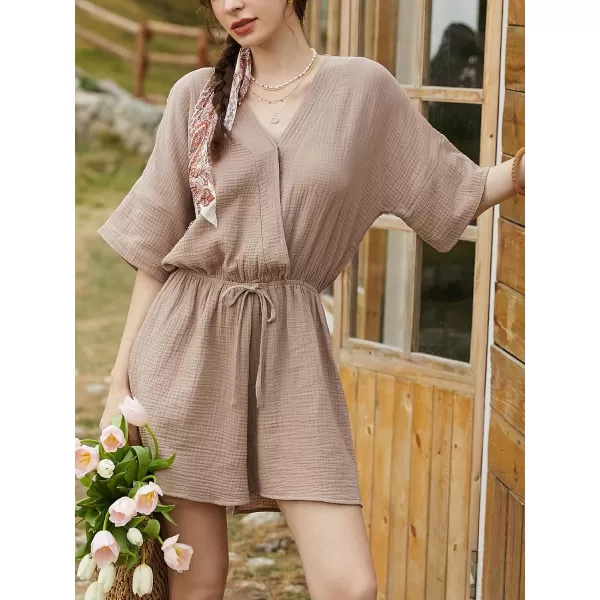 imageCUPSHE Womens Romper Surplice V Neck Floral Short Sleeve Drawstring Waist Wide Leg Overall Outfit Casual Beach Mini JumpsuitKhaki