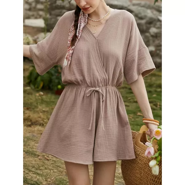 imageCUPSHE Womens Romper Surplice V Neck Floral Short Sleeve Drawstring Waist Wide Leg Overall Outfit Casual Beach Mini JumpsuitKhaki