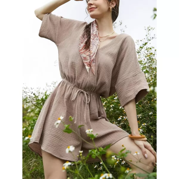 imageCUPSHE Womens Romper Surplice V Neck Floral Short Sleeve Drawstring Waist Wide Leg Overall Outfit Casual Beach Mini JumpsuitKhaki