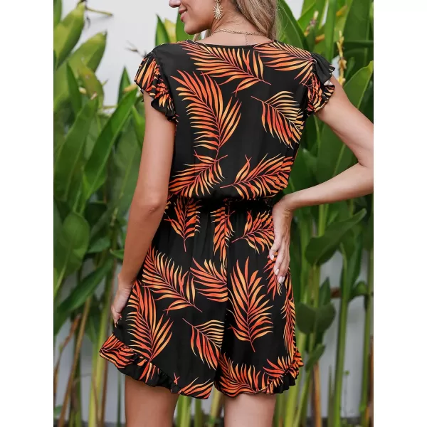 imageCUPSHE Womens Romper Tropical Flutter Sleeve Boho Overall V Neck Wide Leg Outfit Casual BeachBlackOrange Leaves