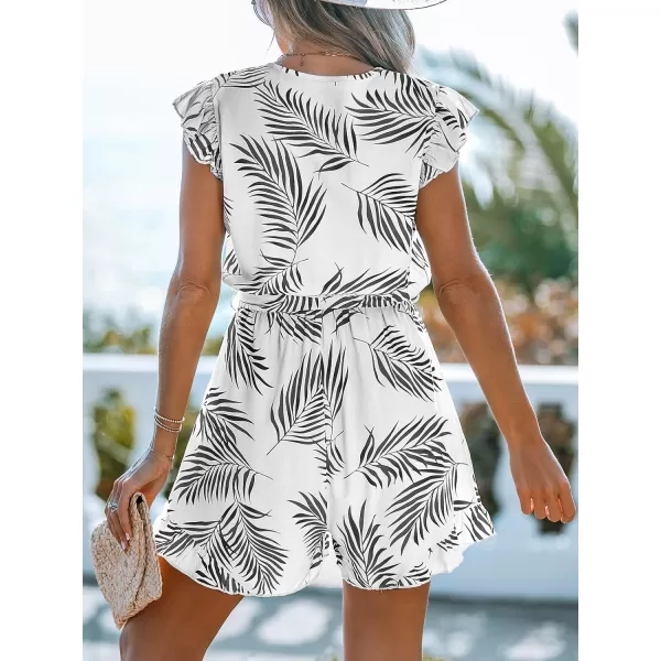 imageCUPSHE Womens Romper Tropical Flutter Sleeve Boho Overall V Neck Wide Leg Outfit Casual BeachWhiteBlack Leaves