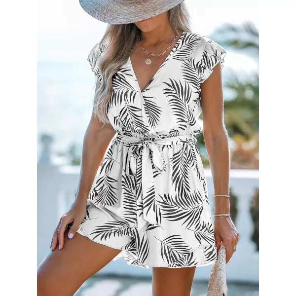 imageCUPSHE Womens Romper Tropical Flutter Sleeve Boho Overall V Neck Wide Leg Outfit Casual BeachWhiteBlack Leaves