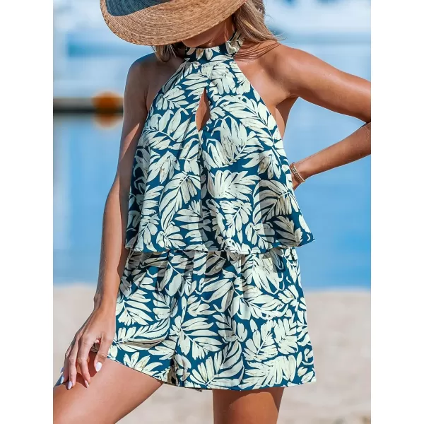 imageCUPSHE Womens Romper Tropical Halter Neck Jumpsuits Wide Leg Overall Sleeveless Outfit CasualBlue