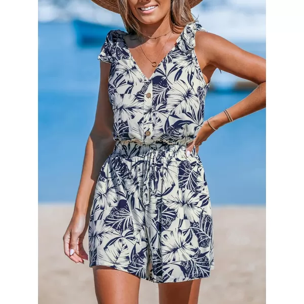 imageCUPSHE Womens Romper Tropical V Neck Shoulder Tie Overall Button Front Outfit Casual BeachBlue