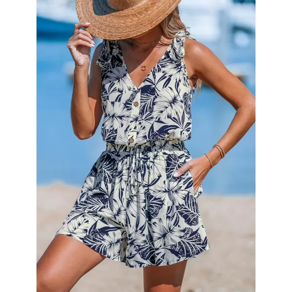 imageCUPSHE Womens Romper Tropical V Neck Shoulder Tie Overall Button Front Outfit Casual BeachBlue