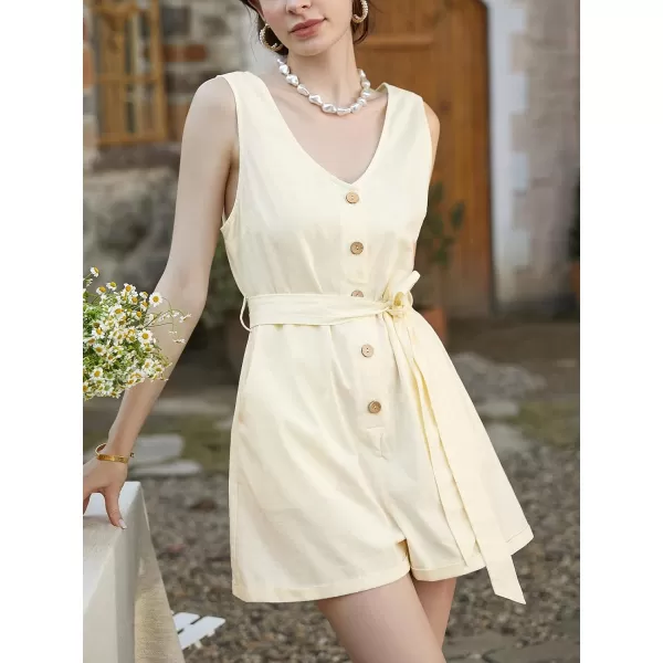 imageCUPSHE Womens Romper V Neck Sleeveless Button Belted Wide Leg Overall Tie Outfit Casual Beach Mini JumpsuitBeige