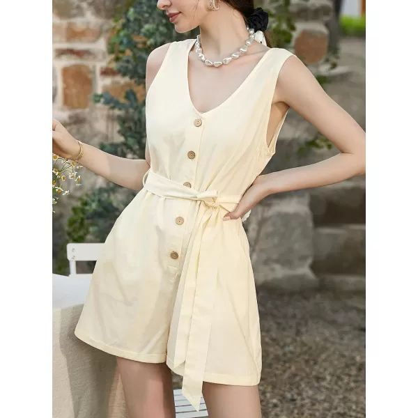 imageCUPSHE Womens Romper V Neck Sleeveless Button Belted Wide Leg Overall Tie Outfit Casual Beach Mini JumpsuitBeige