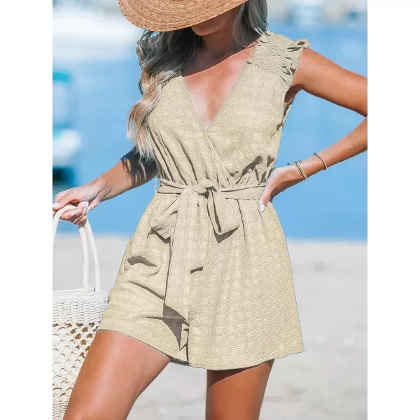 imageCUPSHE Womens Romper V Neck Sleevless Wide Leg Overall Ruffle Sleeve Outfit Dressy CasualLight Brown