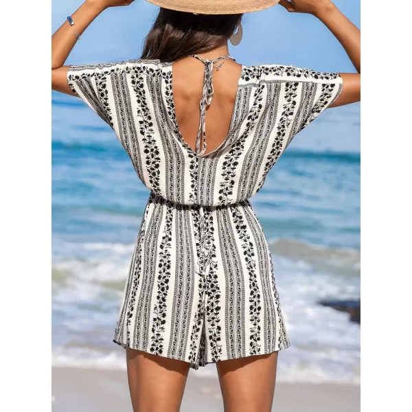 imageCUPSHE Womens Rompers Backless Back Tie Plunge V Neck Short Sleeve Smocked Waist Jumpsuits OutfitBlack